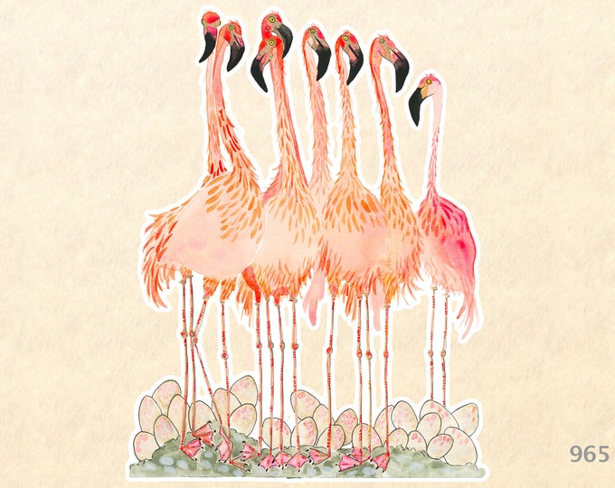 Pink Flamingos Nesting with Eggs Sticker Watercolor Art Water Bottle Sticker Scrapbook Sticker iPhone Android Macbook Decal
