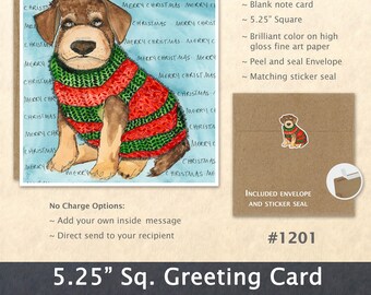 Merry Christmas Puppy Dog in a Christmas Sweater Christmas Card Card Blank Note Card Art Card Greeting Card Watercolor Card Holiday Card