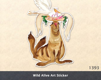 Sea Lion and Pelican Sticker Sea Life Water Bottle Sticker Whimsical Sticker Scrapbook Sticker Laptop Decal Watercolor Art Sticker