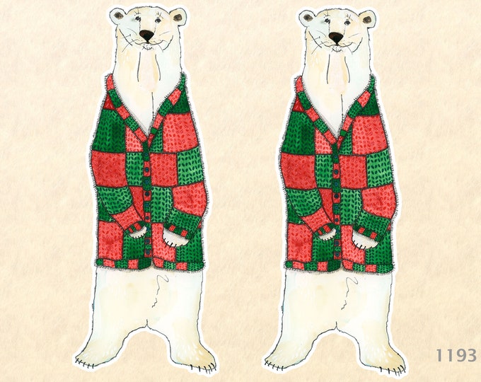Polar Bear in a Christmas Cardigan Stickers Set of Two Gift Wrapping Stickers Laptop Stickers Water Bottle Stickers Scrapbook Stickers