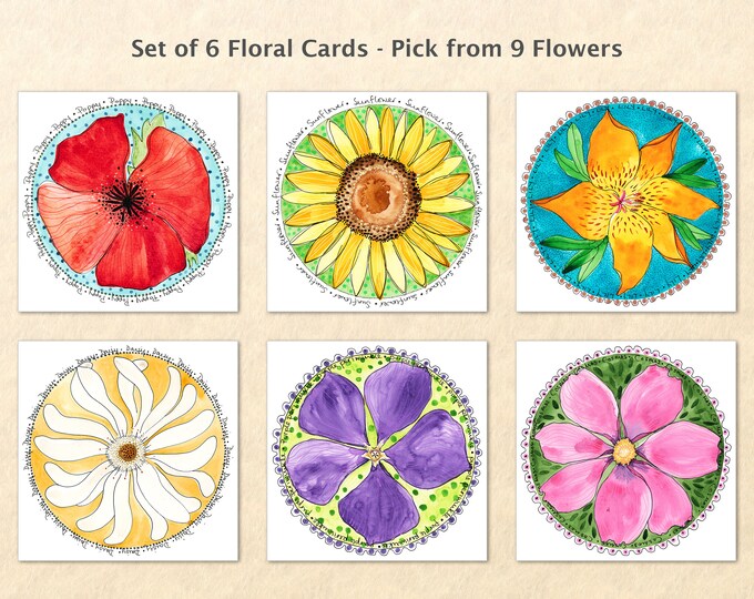 6 Floral Card Set Pick from 9 Flowers Flower Cards Garden Cards Gardening Cards Poppy Cosmos Sunflower Daisy Lily Aster Watercolor Art Cards