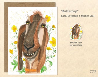 Goat and Buttercups Note Card Goat and Flowers Card Farm Card Customizable Blank Note Card Watercolor Art Greeting