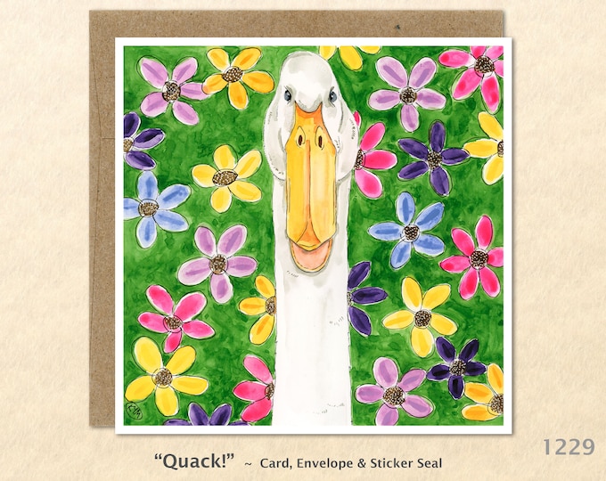 Duck and Flowers Note Card Customizable Blank Card Watercolor Art Note Card Farm Animals Greeting Card Bird Card