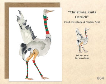 Christmas Card Ostrich Dressed for Christmas Holiday Note Card Blank Watercolor Card Art Card Note Card Fun Christmas Cards