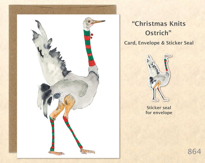 Christmas Card Ostrich Dressed for Christmas Holiday Note Card Blank Watercolor Card Art Card Note Card Fun Christmas Cards