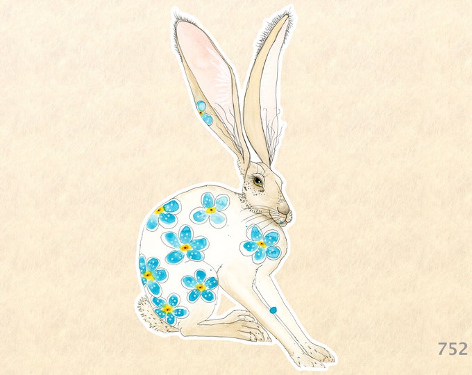 Hare and Blue Flowers Sticker Rabbit Sticker Bunny Sticker Watercolor Art Sticker Water Bottle Sticker Scrapbooking Sticker Macbook Decal