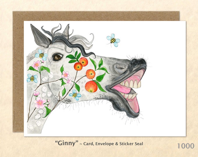 Horse and Apple Blossoms Note Card Flower Card Customizable Blank Note Card Art Cards Greeting Cards Watercolor Cards