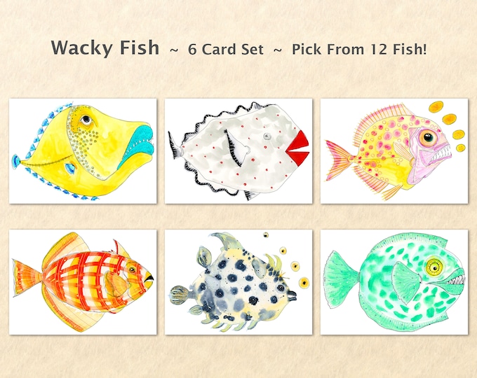 Wacky Fish 6 Card Set Silly Fish Cards Fun Fish Cards Goofy Animal Cards Sea Life Cards Blank Note Cards Watercolor Art Cards