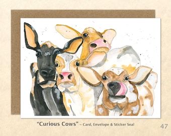 Curious Cows Note Card Cow Cards Farm Cards Farm Yard Animals Customizable Blank Note Card Watercolor Art Cards Greeting Cards