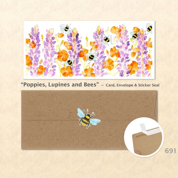 Poppies, Lupine and Bees Card, Floral Cards, Flower Cards, Garden Cards, Gardening Cards, Greeting Cards