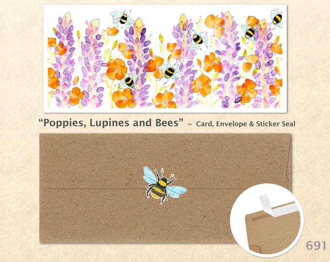 Poppies, Lupine and Bees Card, Floral Cards, Flower Cards, Garden Cards, Gardening Cards, Greeting Cards