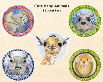 5 Baby Animals Sticker Set, Cute Baby Animals, Cute Animals Stickers, Baby Elephant,  Baby Hippo, Water Bottle Stickers