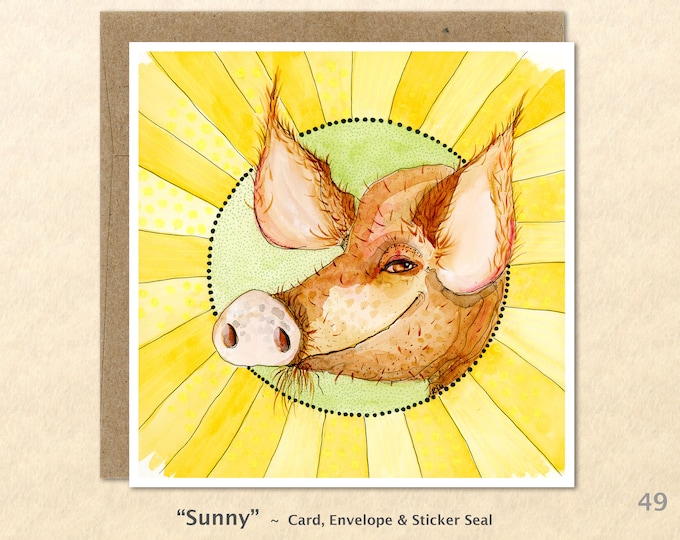 Pig Note Note Card Sunny Farm Card Farm Yard Animals Sunshine Customizable Blank Note Card Watercolor Art Greeting Card