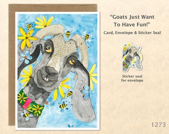 Goat and Flowers Note Billy Goat Card Ram Card Floral Card Farmyard Animals Blank Note Card Watercolor Art Card Greeting Card