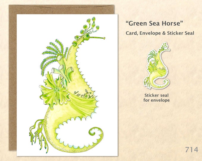 Green Sea Horse Note Card Beach Card Nautical Card Customizable Blank Note Card Watercolor Art Card Greeting Card