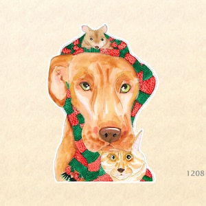 クリスマスのスカーフを共有する犬、猫、ネズミのステッカー ヤドリギのギフトラッピングデコレーション スクラップブックステッカー 水彩ステッカー