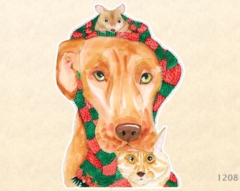 Dog Cat and Mouse Sharing a Christmas Scarf Sticker Mistletoe Gift Wrapping Decoration Scrapbook Stickers Watercolor Sticker