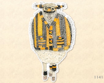 Sheep Dressed for Halloween with Mask Orange and Black Sweater and Candy Corn Sticker