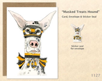 Masked Treats Hound Ready for Halloween Treats Card Customizable Watercolor Art Card Blank Note Card