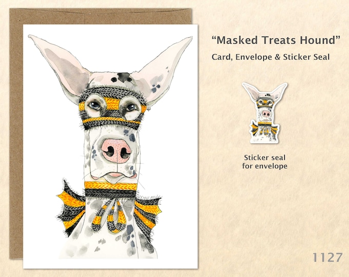 Masked Treats Hound Ready for Halloween Treats Card Customizable Watercolor Art Card Blank Note Card