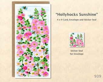 Hollyhocks Flower Note Card Floral Card Customizable Blank Note Card Watercolor Art Greeting Card