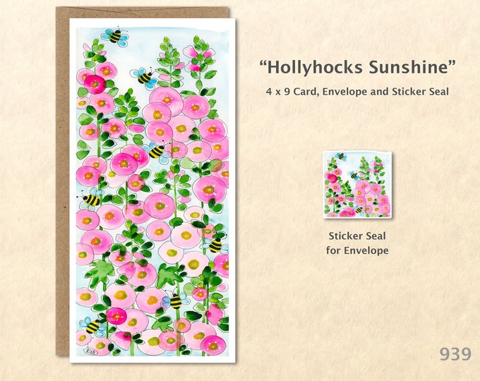 Hollyhocks Flower Note Card Floral Card Customizable Blank Note Card Watercolor Art Greeting Card