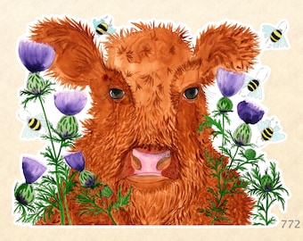 Scottish Highland Calf in the Thistles Sticker Farm Animal Sticker Fun Animal Sticker Water Bottle Sticker Scrapbooking Sticker Watercolor