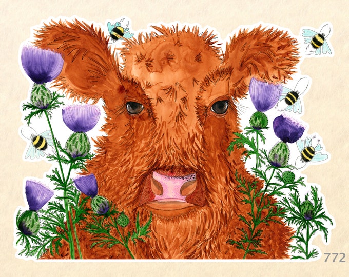 Scottish Highland Calf in the Thistles Sticker Farm Animal Sticker Fun Animal Sticker Water Bottle Sticker Scrapbooking Sticker Watercolor