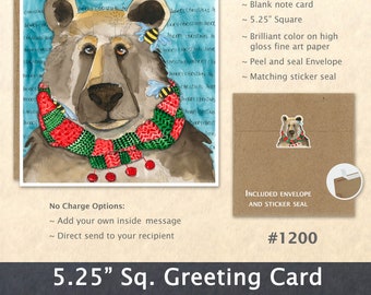 Merry Christmas Bear Note Card Customizable Blank Note Card Watercolor Art Greeting Card Holiday Card