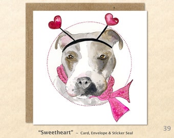 Pit Bull with Hearts Note Card Dog Cards Valentine Cards Customizable Blank Note Card Watercolor Art Cards Greeting Cards Love
