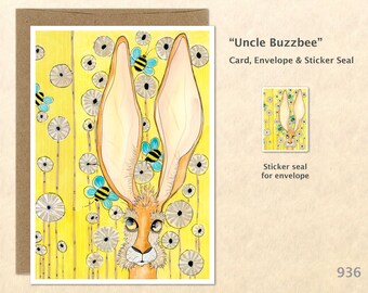 Rabbit Flowers and Bees Note Card Easter Card Bunny Card Customizable Blank Note Card Cute Cards Watercolor Art Card Greeting Card