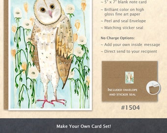 Barn Owl in the Dandelions Note Card Bird Card Wildlife Card Customizable Blank Note Card Watercolor Art Card Greeting Card