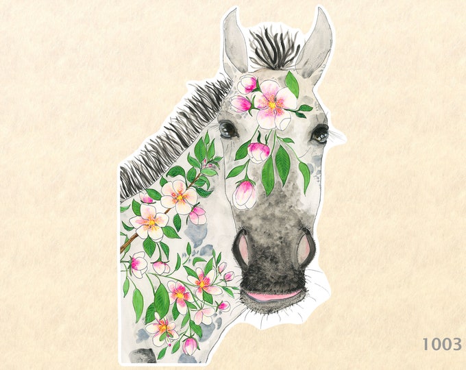 Horse and Apple Blossoms Sticker Farm Animal Sticker Watercolor Art Sticker Water Bottle Sticker Scrapbooking Sticker