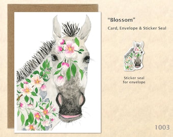 Horse and Apple Blossoms Note Card Customizable Blank Note Card Art Cards Greeting Cards Watercolor Cards