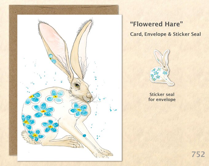 Flowered Hare Note Card Rabbit and Blue Flowers Easter Bunny Card Customizable Blank Card Cute Cards Watercolor Art Greeting Card