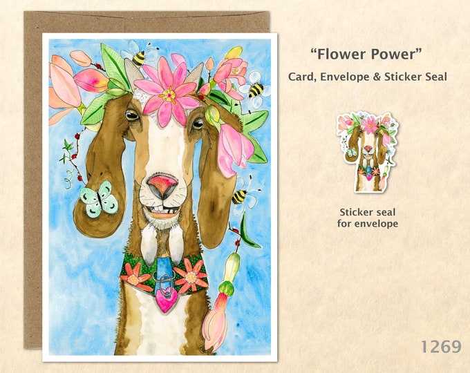 Flower Power Goat Note Card Goat with Flowered Headdress Card Floral Card Farm Blank Note Card Watercolor Art Card Greeting Card