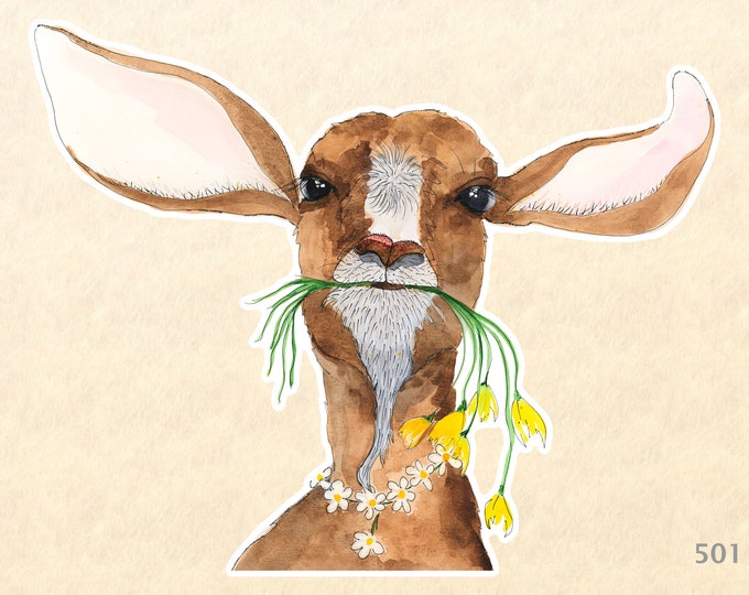 Goat Snacking on Flowers Sticker Fun Animal Sticker Farm Animal Sticker  Water Bottle Sticker Scrapbook Sticker Macbook Decal Watercolor Art