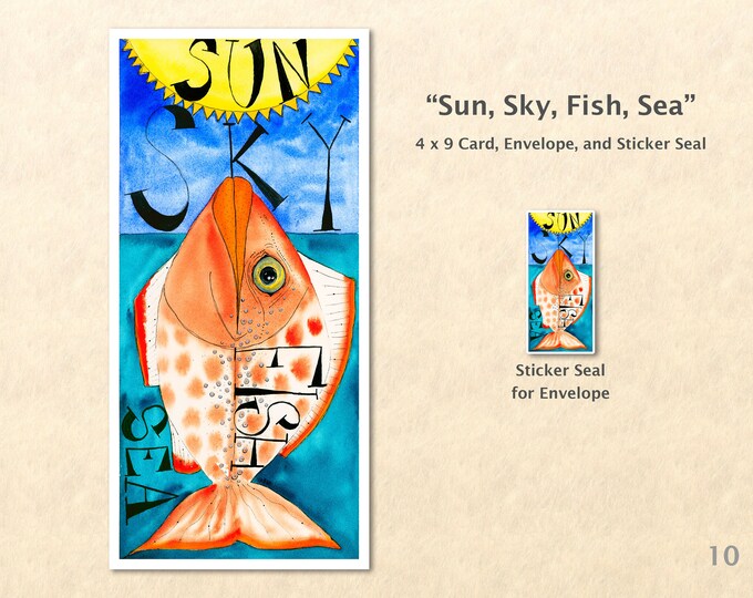 Sun, Sky, Fish, Sea Note Card, Fish Cards, Tropical Cards, Blank Note Card, Art Cards, Greeting Cards