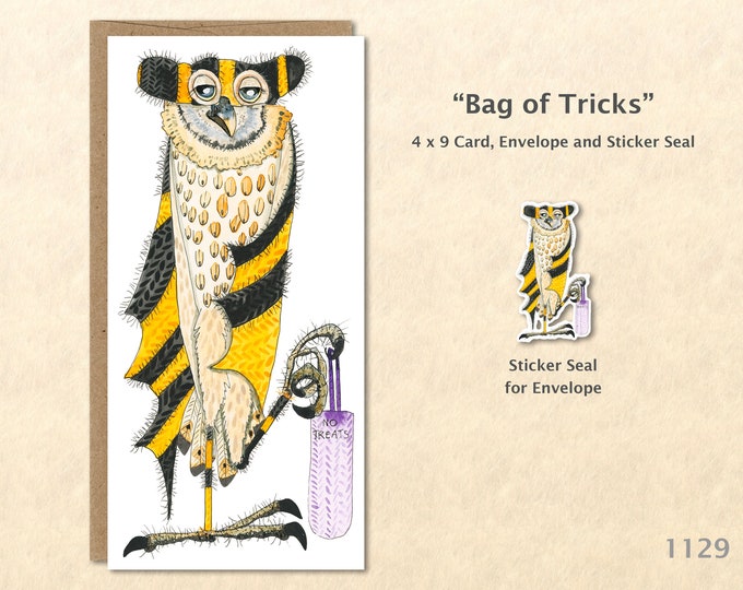 Owl with Bag of Tricks Dressed for Halloween Note Card Customizable Blank Note Card Watercolor Art Card Greeting Card