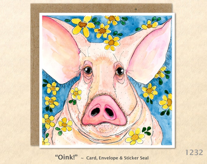 Pig and Flowers Note Card Customizable Blank Card Watercolor Art Note Card Farm Animals Greeting Card