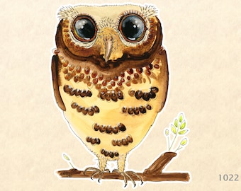 Owl on a Branch Sticker Bird Sticker Water Color Art Sticker