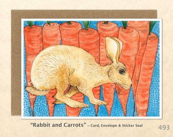 Rabbit and Carrots Note Card, Rabbit Cards, Bunny Cards, Farm Cards, Blank Note Card, Wildlife Cards, Cute Cards Art Cards, Greeting Cards