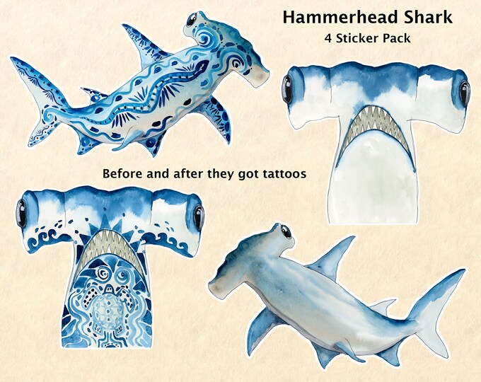 Hammerhead Shark Sticker Set Fish Sticker Tattoo Sticker Sea Life Sticker Water Bottle Journal Phone Macbook Scrapbooking Sticker Watercolor