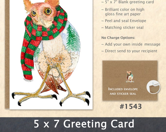 Christmas Owl Note Card Xmas Card Owl Card Bird Card Customizable Blank Note Card Watercolor Art Card Greeting Card