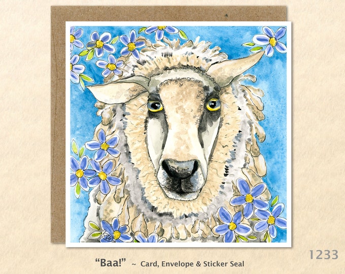 Sheep and Flowers Note Card Customizable Blank Card Watercolor Art Note Card Farm Animals Greeting Card