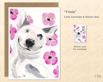 Bull Terrier Note Card Dog and Pink Cosmos Flowers Greeting Card Customizable Blank Card Watercolor Art Card