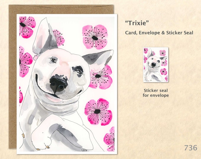 Bull Terrier Note Card Dog and Pink Cosmos Flowers Greeting Card Customizable Blank Card Watercolor Art Card