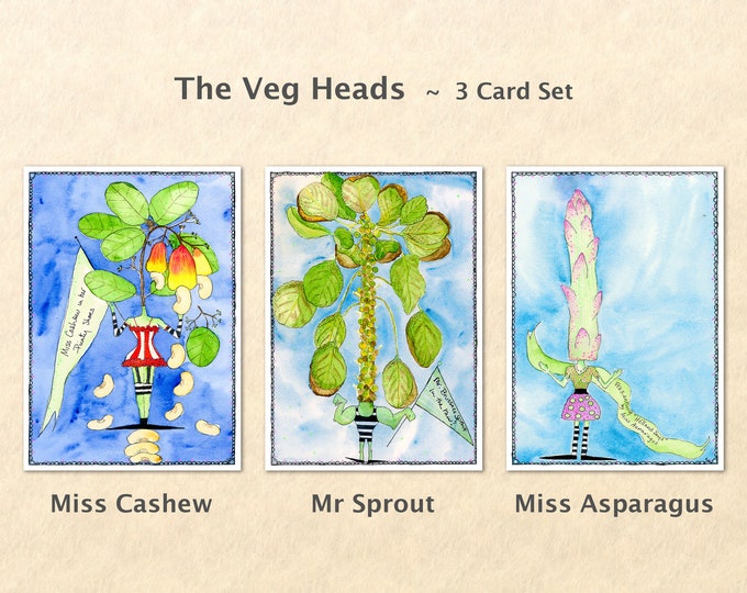 Veg Heads, Silly Cards, Garden Cards, Food Cards, Wacky Cards, Fun Cards, Blank Note Card, Art Cards, Greeting Cards