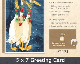 Indian Runner Ducks Dressed for Christmas Holiday Note Card Customizable Blank Watercolor Card Holiday Art Card Note Card