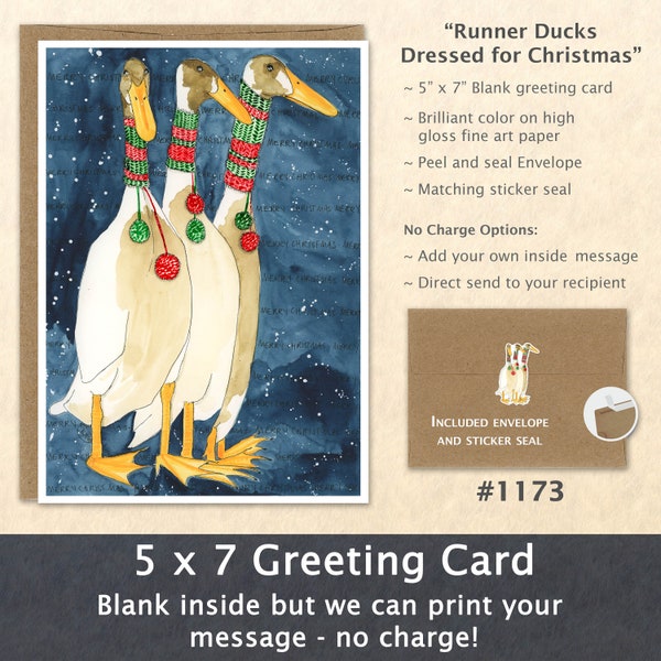 Indian Runner Ducks Dressed for Christmas Holiday Note Card Customizable Blank Watercolor Card Holiday Art Card Note Card